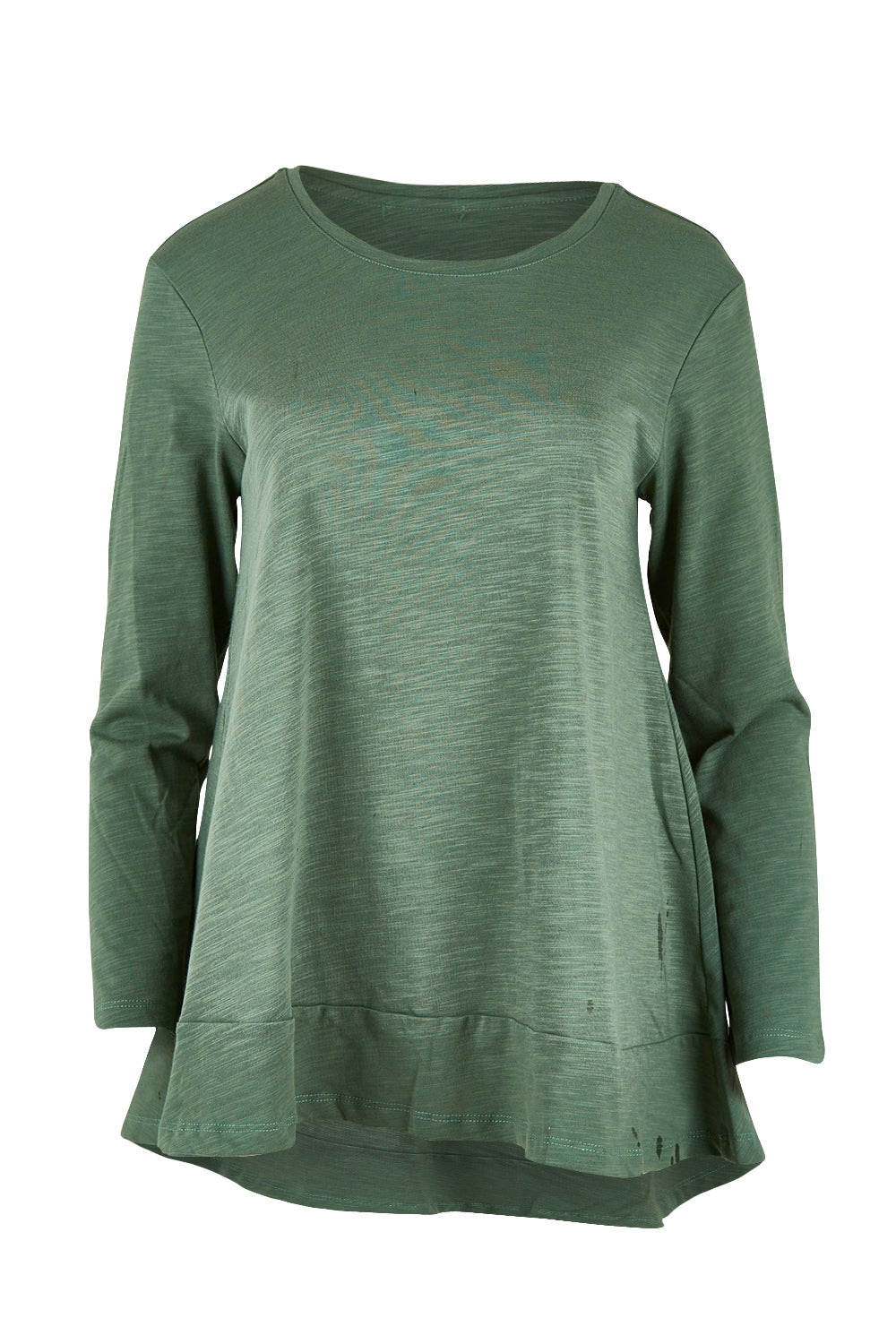 Product shot of The Long Sleeve Swing Tee in colour Pine (Green), from the front