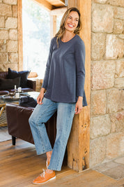 Model Amanda wearing size 10 of The Long Sleeve Swing Tee in colour Slate (Grey), from the front, showing the whole outfit