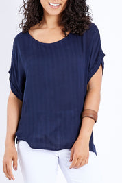Model Pamela wearing size 10 of The Textured Shell Top in colour Navy (Blue), from the front, cropped image