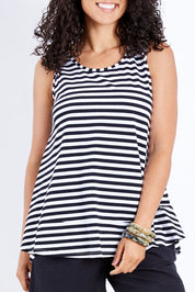 Model Pamela wearing size 10 of The Swing Tank in colour Blkstripe (Black), from the front, cropped image
