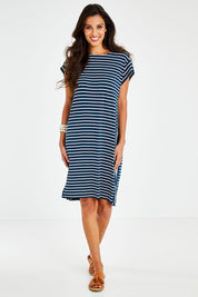 Model Vitoria wearing size 10 of The Summer Stripe Dress in colour Inkpetrol (Blue), from the front, showing the whole outfit