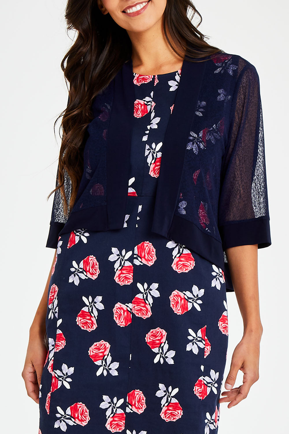 Model Vitoria wearing size 10 of The Summer Shrug in colour Navy (Blue), from the front, cropped image
