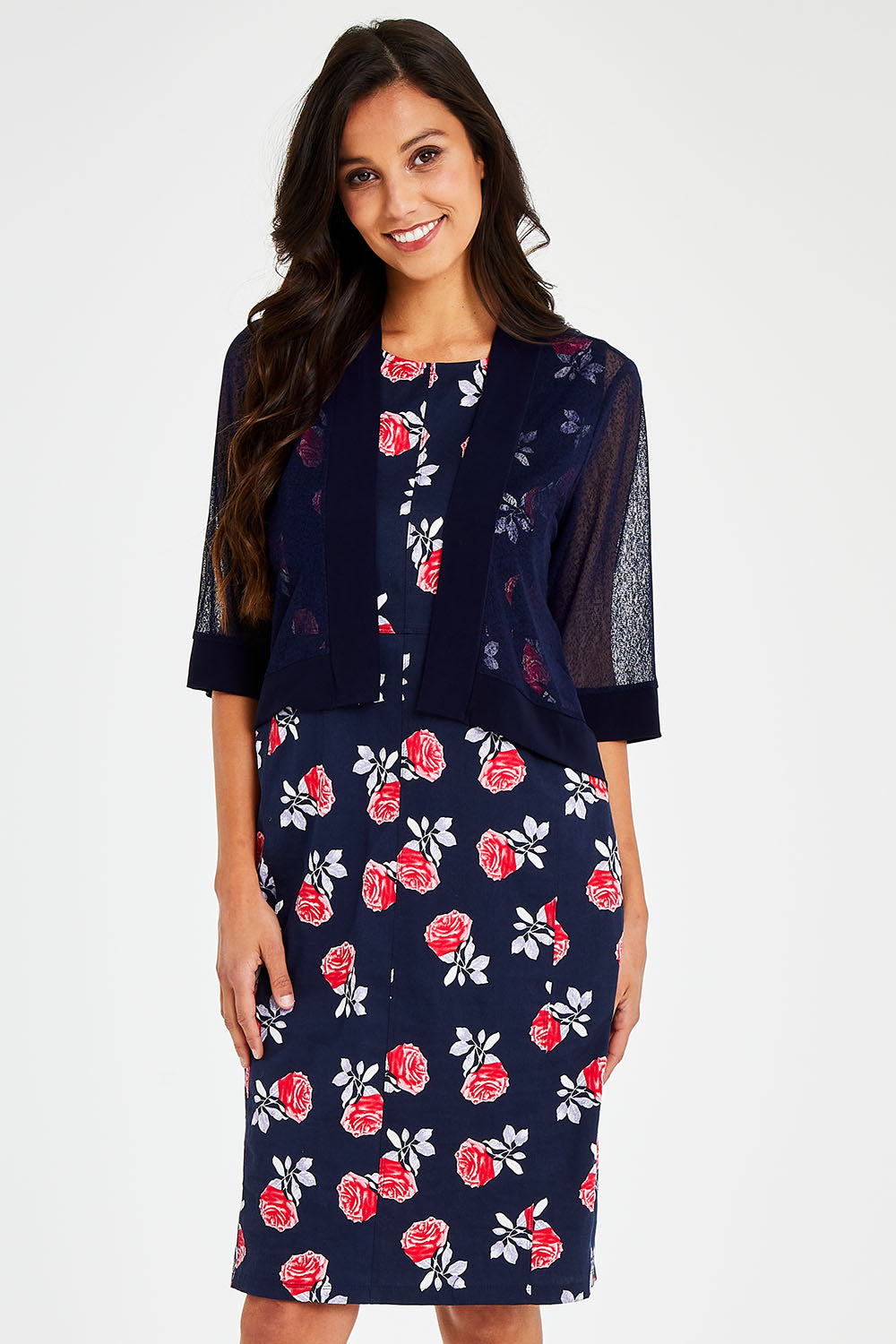 Model Vitoria wearing size 10 of The Summer Shrug in colour Navy (Blue), from the front, cropped image