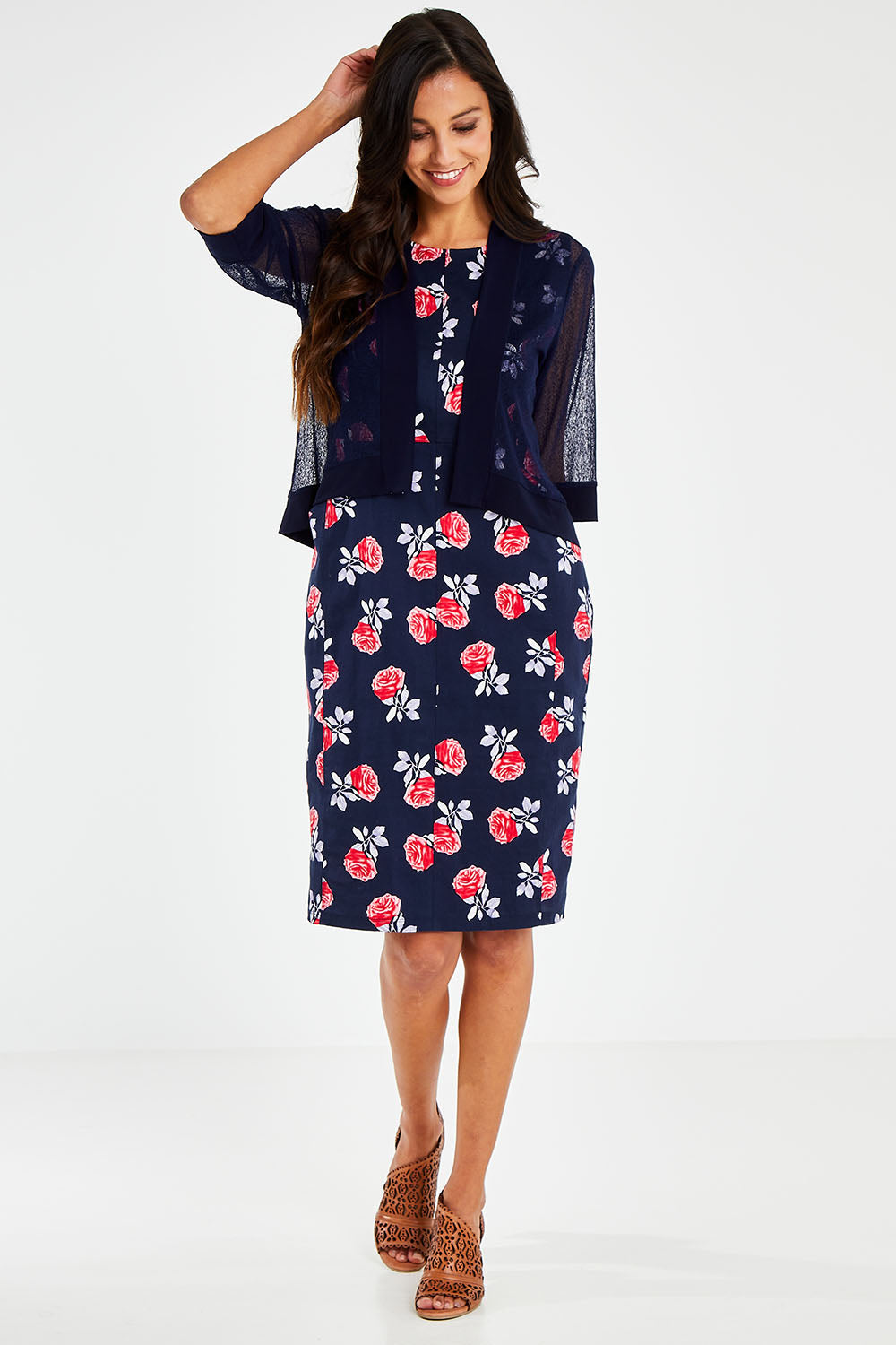 Model Vitoria wearing size 10 of The Summer Shrug in colour Navy (Blue), from the front, showing the whole outfit