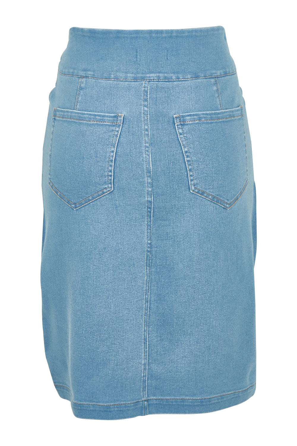 Product shot of The Pull On Denim Skirt in colour Lightdenim (Blue), from the back