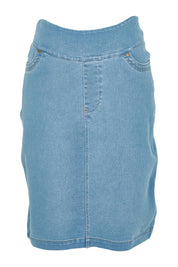 Product shot of The Pull On Denim Skirt in colour Lightdenim (Blue), from the front