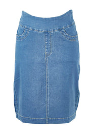 Product shot of The Pull On Denim Skirt in colour Middenim (Blue), from the front