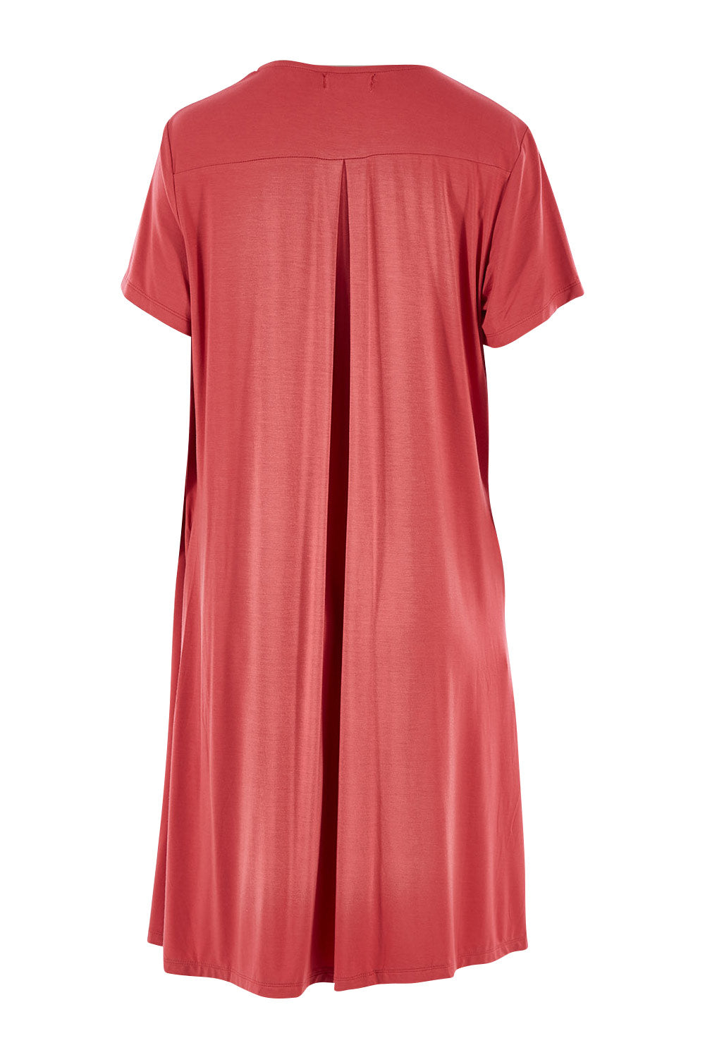 Product shot of The Short Sleeve Long Cardi in colour Desertrose (Pink), from the back