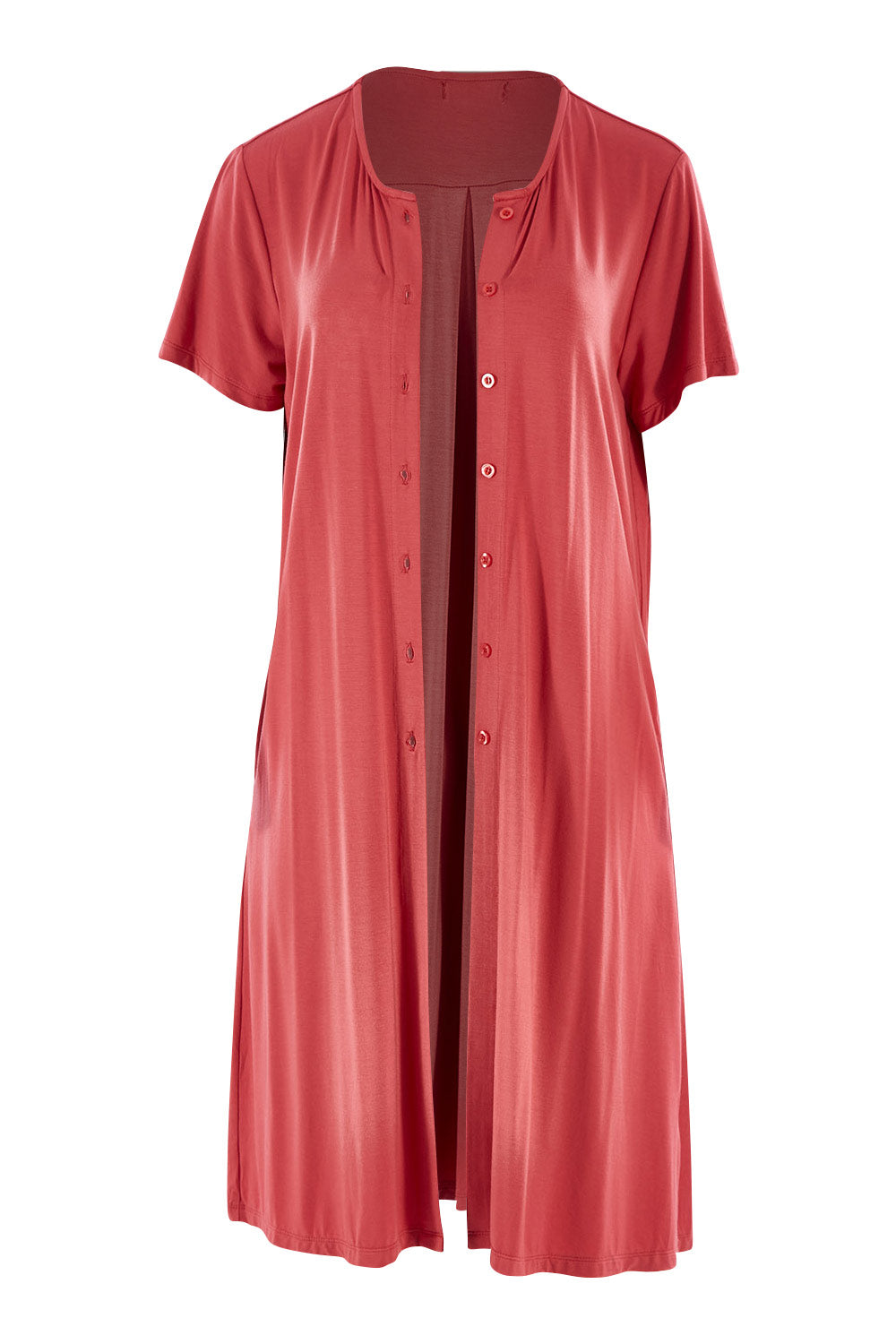 Product shot of The Short Sleeve Long Cardi in colour Desertrose (Pink), from the front
