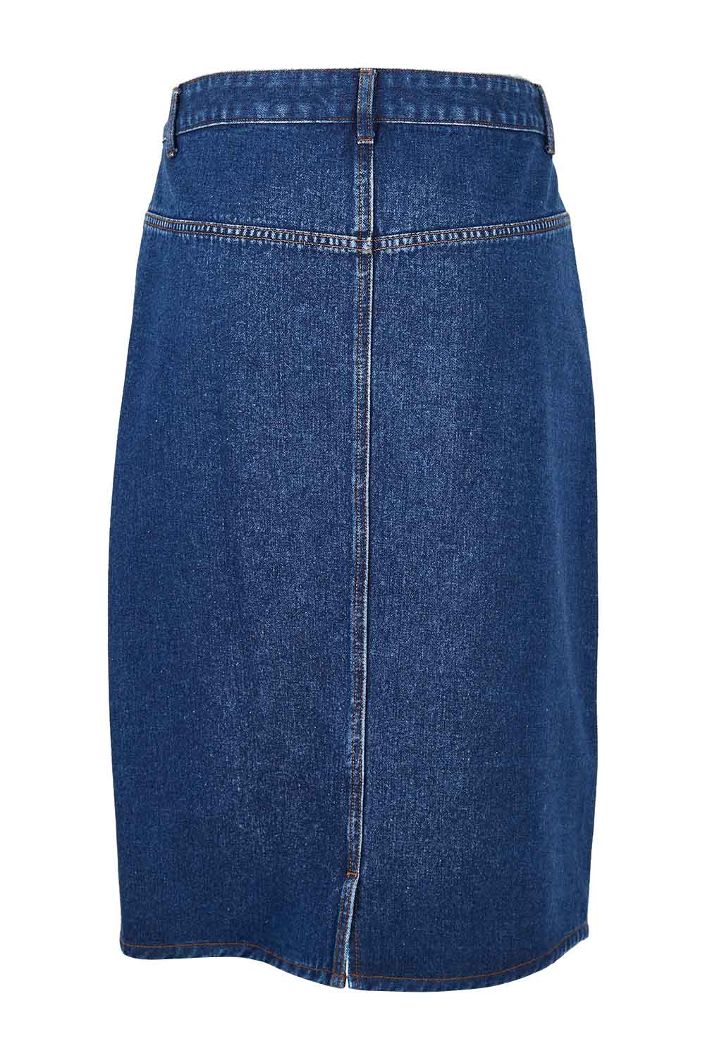 Product shot of The Midi Denim Skirt in colour Darkdenim (Blue), from the back