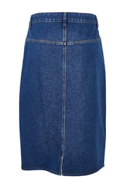 Product shot of The Midi Denim Skirt in colour Darkdenim (Blue), from the back