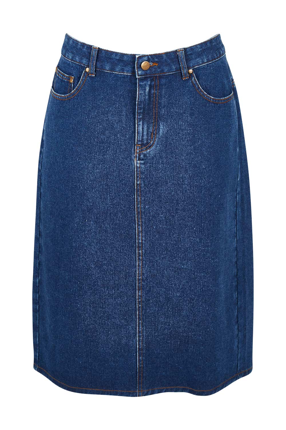 Product shot of The Midi Denim Skirt in colour Darkdenim (Blue), from the front