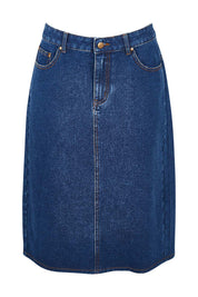 Product shot of The Midi Denim Skirt in colour Darkdenim (Blue), from the front