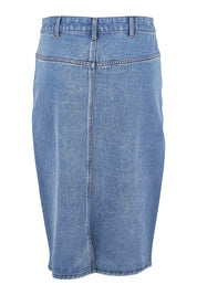 Product shot of The Midi Denim Skirt in colour Denim (Blue), from the back