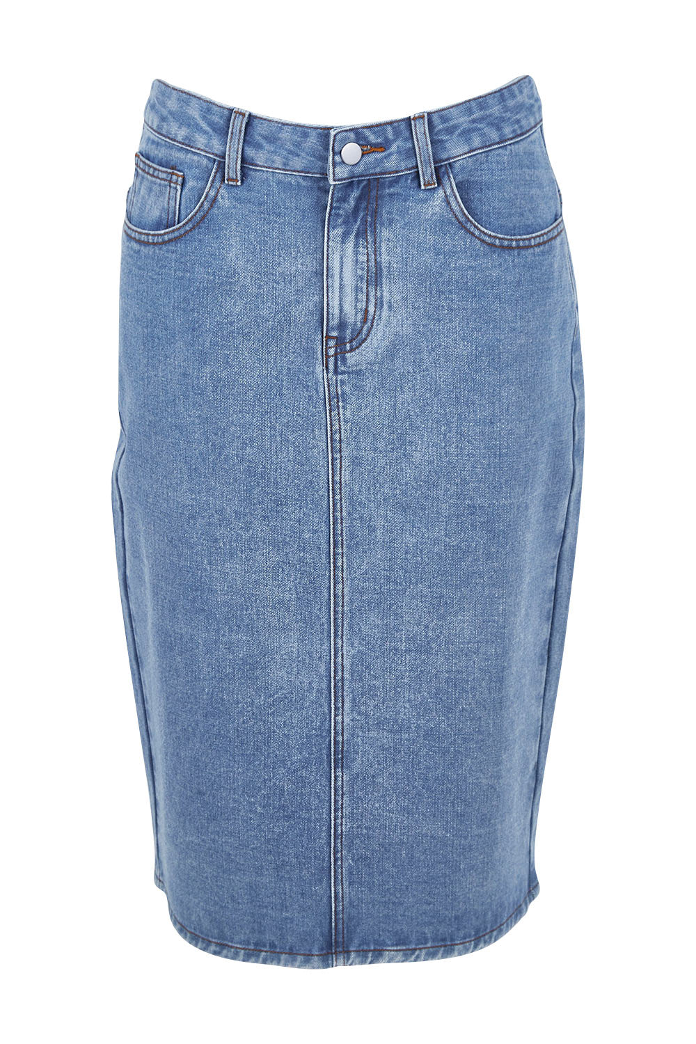 Product shot of The Midi Denim Skirt in colour Denim (Blue), from the front