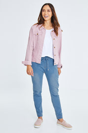 Model Cara wearing size 10 of The Weekend Pull On Jogger Jean in colour Denim (Blue), from the front, showing the whole outfit