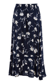 Product shot of The Pull On Swing Print Skirt in colour Daisyprint (Blue), from the back