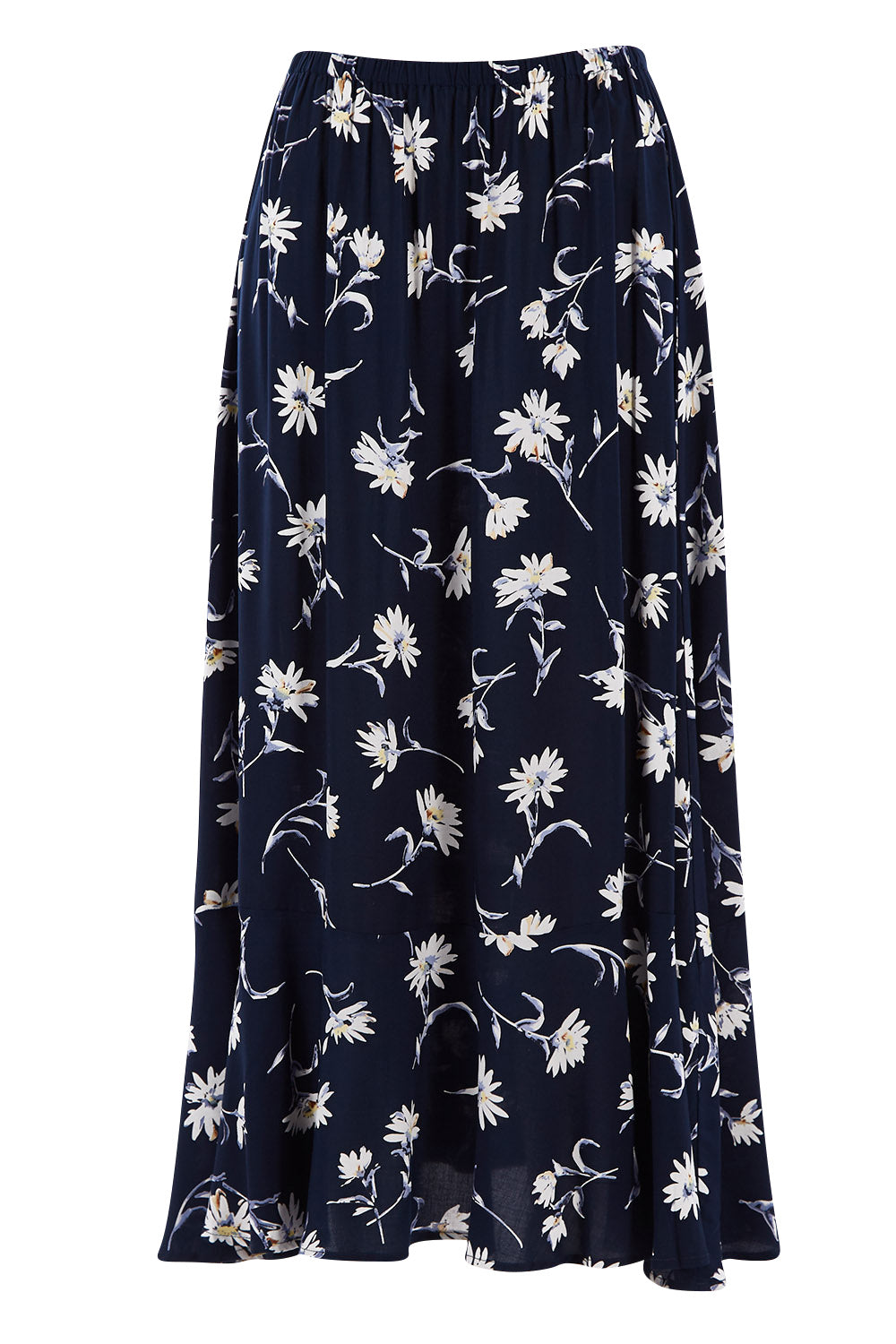 Product shot of The Pull On Swing Print Skirt in colour Daisyprint (Blue), from the front