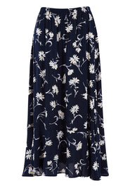 Product shot of The Pull On Swing Print Skirt in colour Daisyprint (Blue), from the front