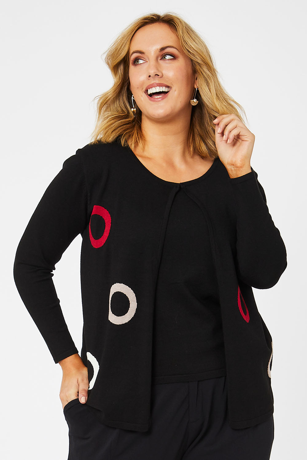 Model Jess wearing size L of The 2 For Spot Jumper in colour Spot (Black), from the front, cropped image