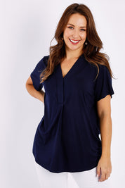 Model Jessica wearing size 14 of The Stitch Detail Short Sleeve Top in colour Navy (Blue), from the front, cropped image