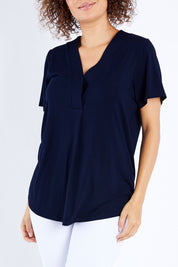 Model Lala wearing size 10 of The Stitch Detail Short Sleeve Top in colour Navy (Blue), from the front, cropped image