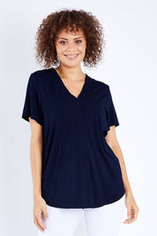 Model Lala wearing size 10 of The Stitch Detail Short Sleeve Top in colour Navy (Blue), from the front, cropped image