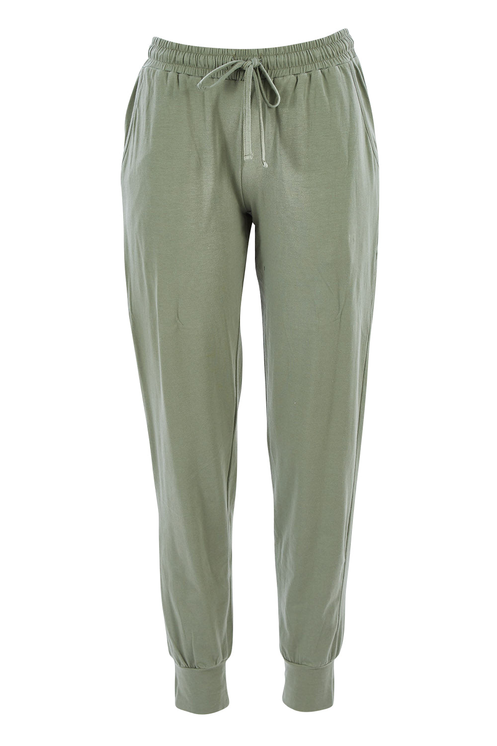 Product shot of The Everyday Pant in colour Khaki (Green), from the front