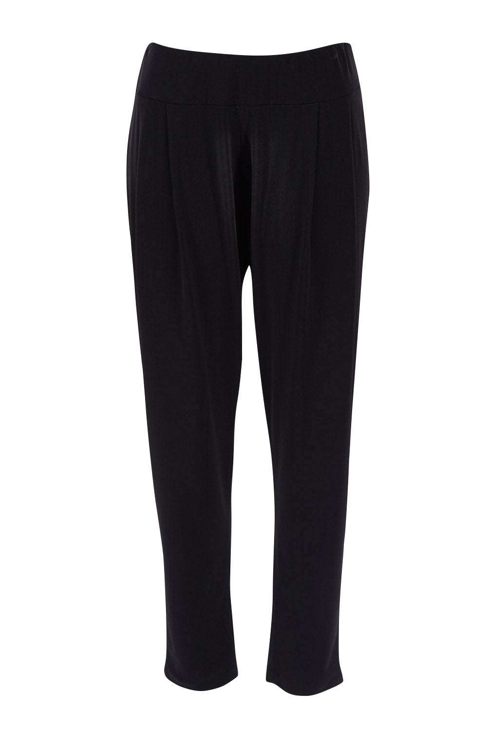 Product shot of The Recycled Flat Front Pull On Pant in colour Black (Black), from the front