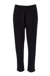 Product shot of The Recycled Flat Front Pull On Pant in colour Black (Black), from the front