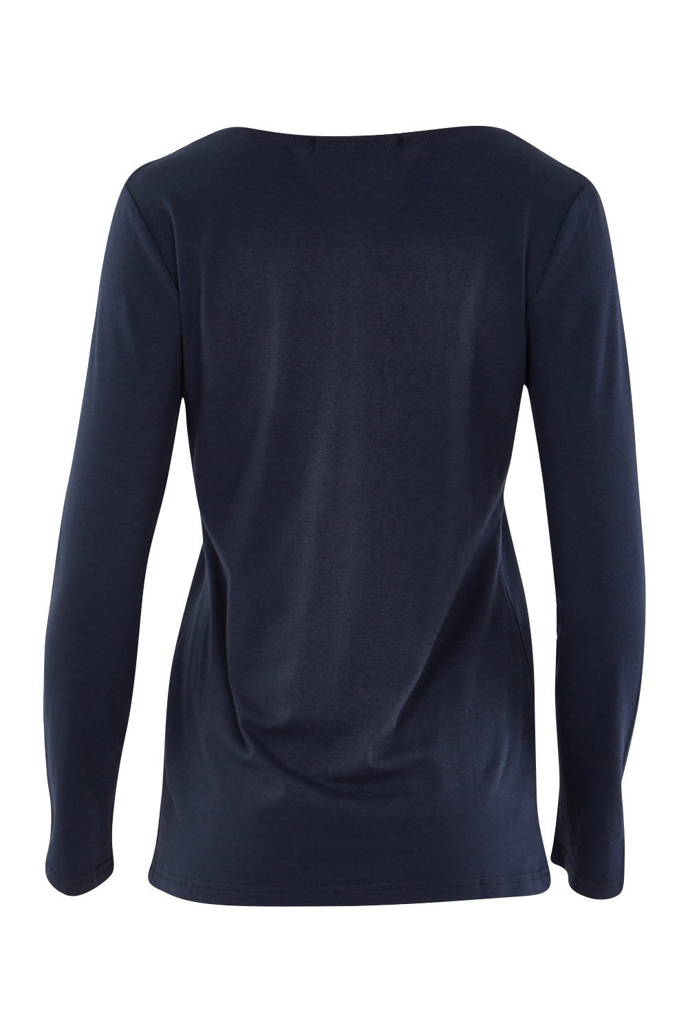 Product shot of The Long Sleeve V Neck Tee in colour Navy (Blue), from the back