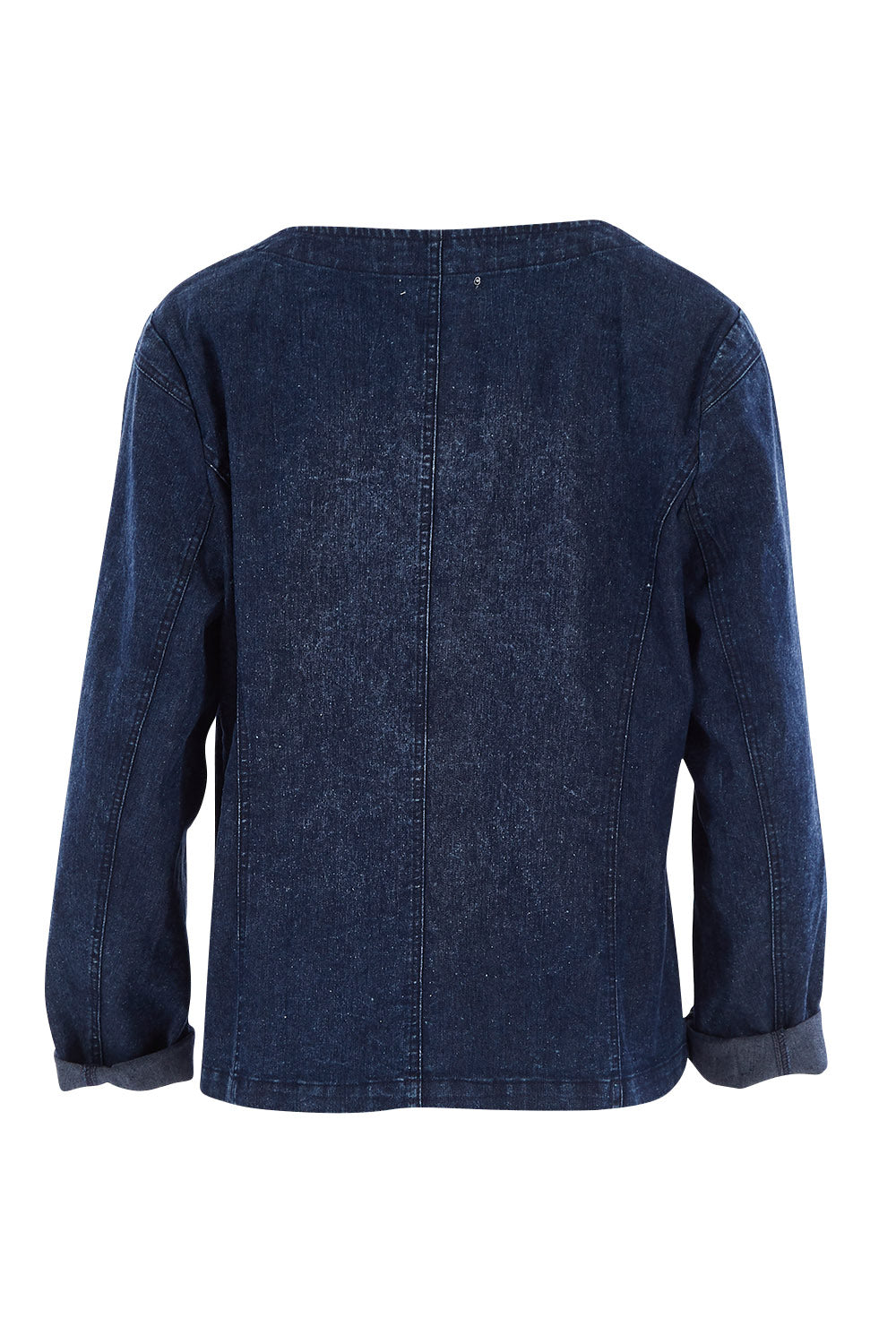 Product shot of The Collarless Denim Panel Jacket in colour Denimblue (Blue), from the back