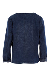 Product shot of The Collarless Denim Panel Jacket in colour Denimblue (Blue), from the back