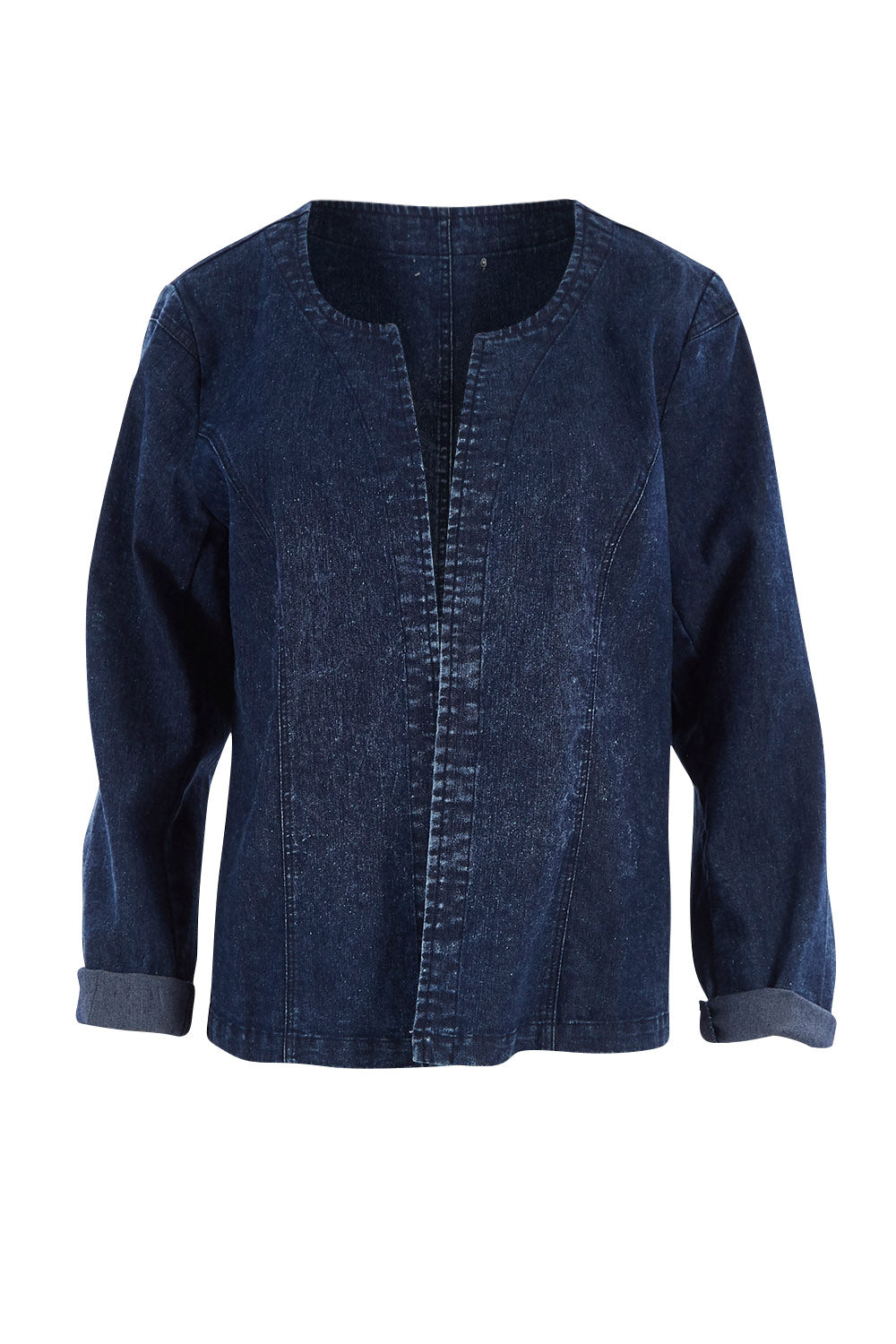 Product shot of The Collarless Denim Panel Jacket in colour Denimblue (Blue), from the front