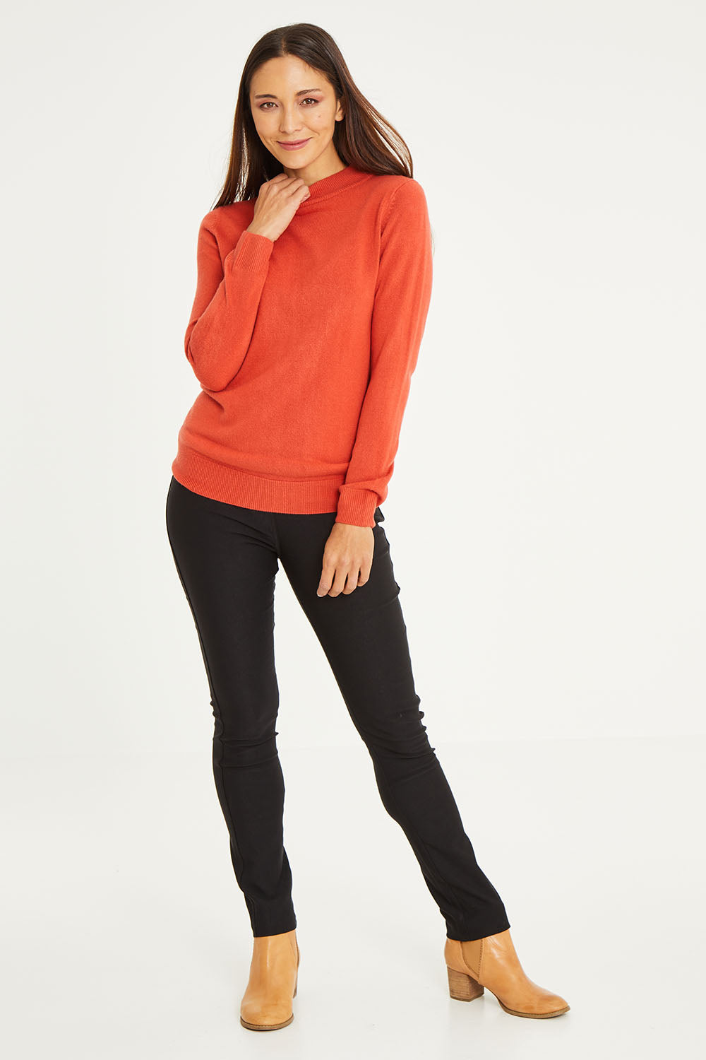 Model Cara wearing size 10 of The Brushed Bengaline Pant in colour Black (Black), from the front, showing the whole outfit