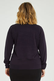 Model Jess wearing size L of The Essential Soft Jumper in colour Navy (Blue), from the back