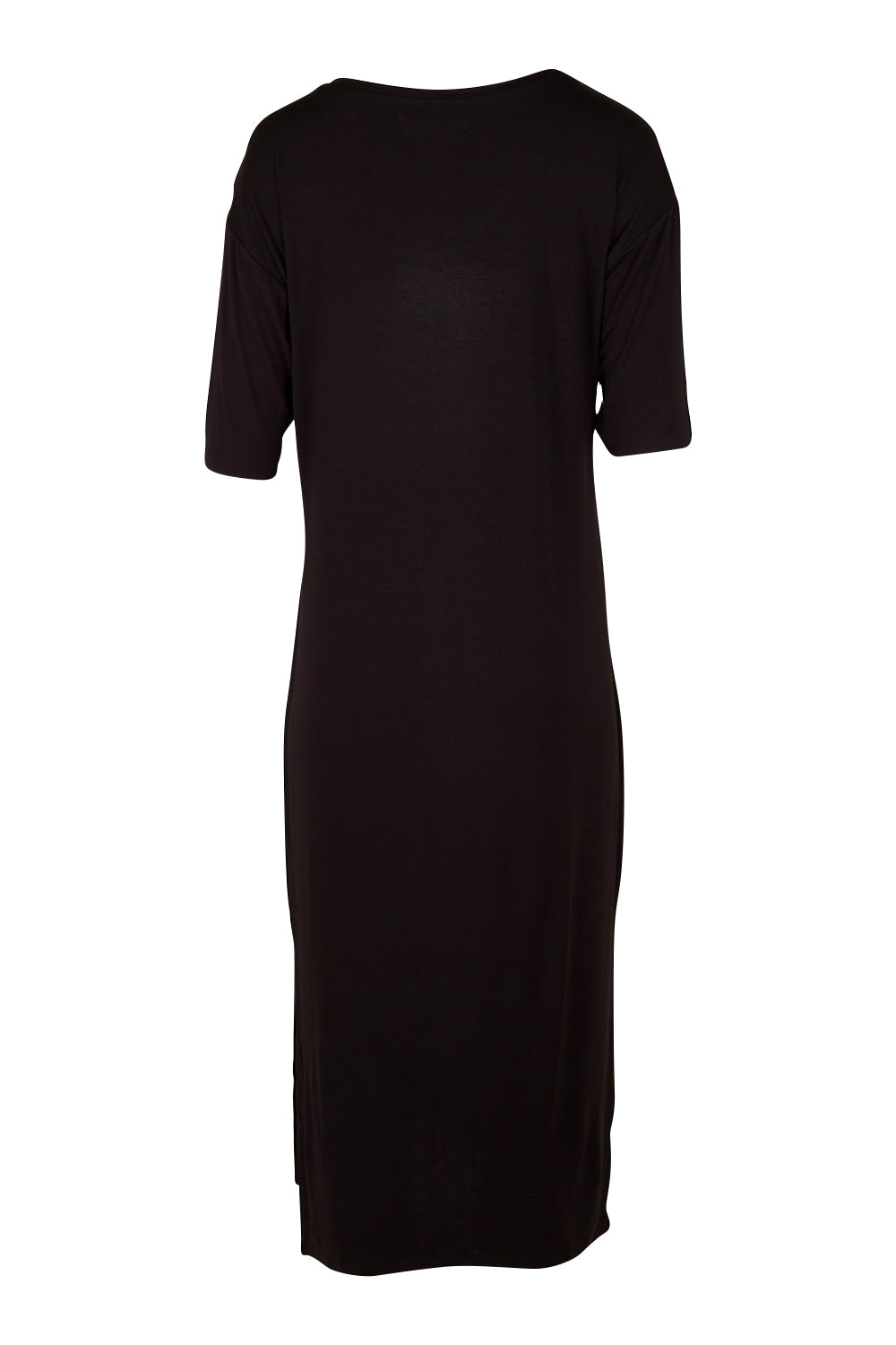Product shot of The 3/4 Sleeve Mid Length Tee Dress in colour Black (Black), from the back