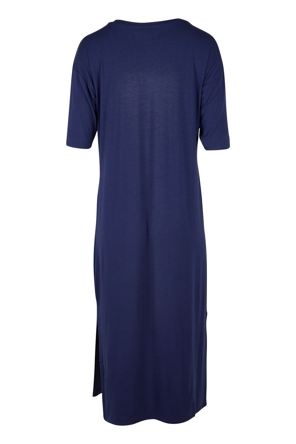 Product shot of The 3/4 Sleeve Mid Length Tee Dress in colour Navy (Blue), from the back