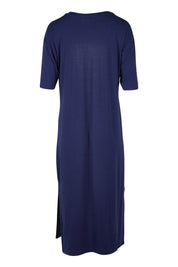 Product shot of The 3/4 Sleeve Mid Length Tee Dress in colour Navy (Blue), from the back