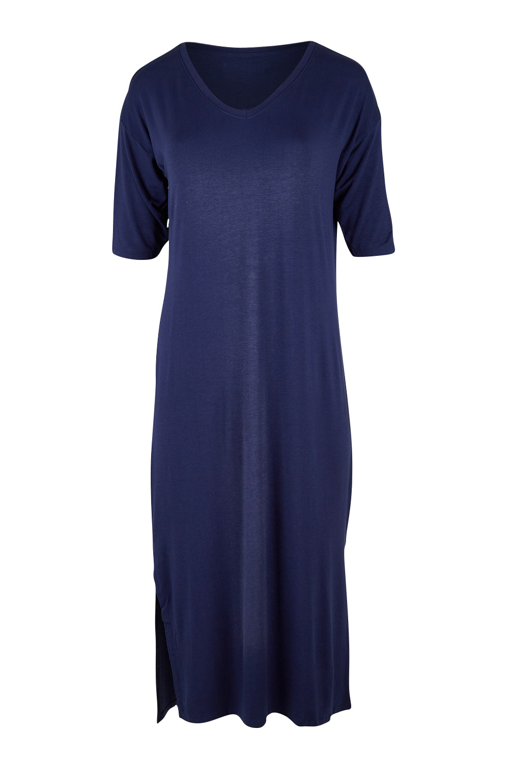 Product shot of The 3/4 Sleeve Mid Length Tee Dress in colour Navy (Blue), from the front