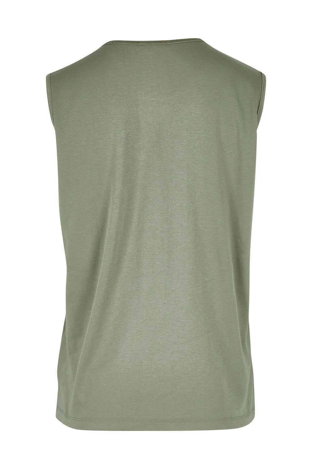 Product shot of The Essential Crew Neck Tank in colour Olive (Green), from the back