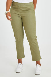 Model Noli wearing size 14 of The 7/8 Pull On Pant in colour Olive (Green), from the front, cropped image