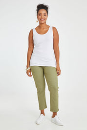 Model Noli wearing size 14 of The 7/8 Pull On Pant in colour Olive (Green), from the front, showing the whole outfit
