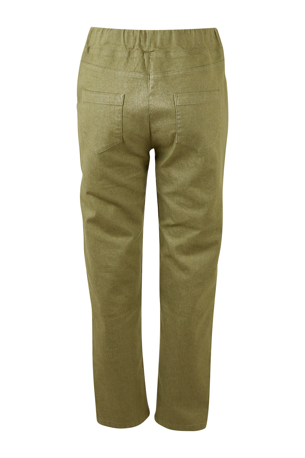 Product shot of The 7/8 Pull On Pant in colour Olive (Green), from the back