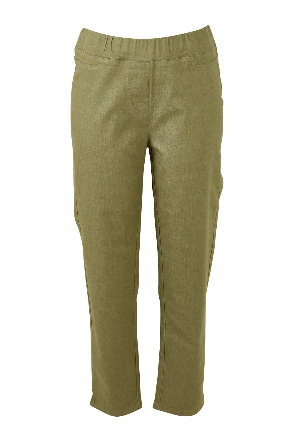 Product shot of The 7/8 Pull On Pant in colour Olive (Green), from the front