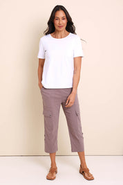 Model Amandam wearing size 10 of the :The Lightweight Cotton Blend Cargo Pant  - Baci in colour Baci, from the front