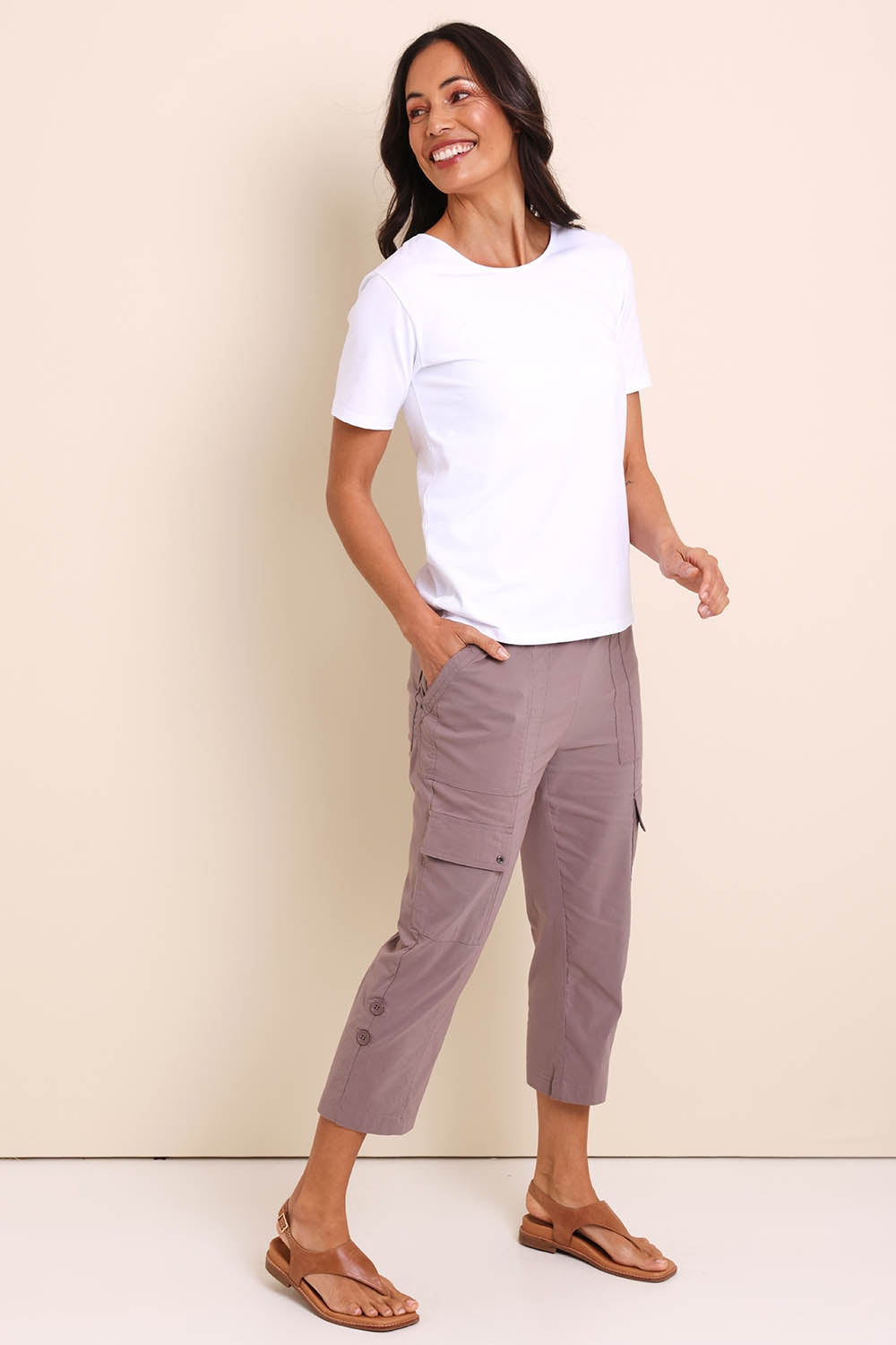 Model Amandam wearing size 10 of the :The Lightweight Cotton Blend Cargo Pant  - Baci in colour Baci, from the front