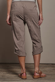 Model Madeline wearing size 10 of The Cotton Blend Cargo Pant in colour Coffee, from the back