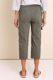 Model Amandam wearing size 10 of the :The Lightweight Cotton Blend Cargo Pant  - Moss in colour Moss, from the back