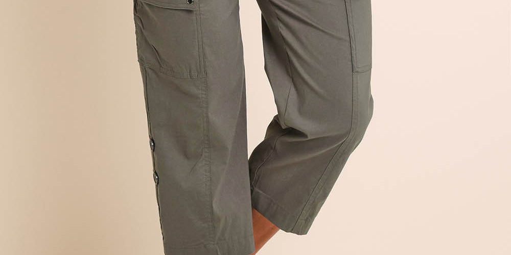 Model Amandam wearing size 10 of the :The Lightweight Cotton Blend Cargo Pant  - Moss in colour Moss, in a cropped view